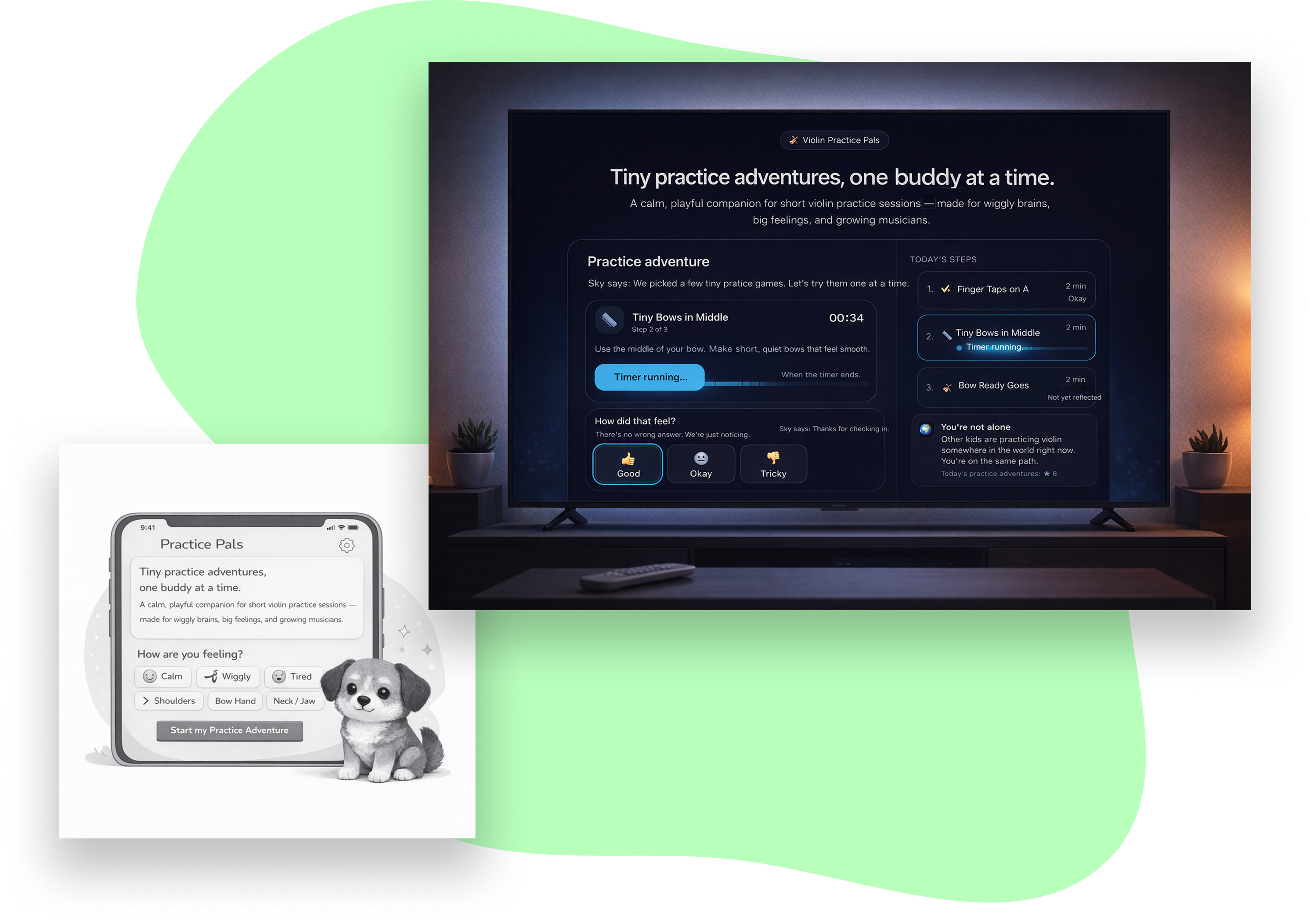 Practice Pals app shown on a TV screen and tablet, featuring practice adventures and a friendly puppy buddy